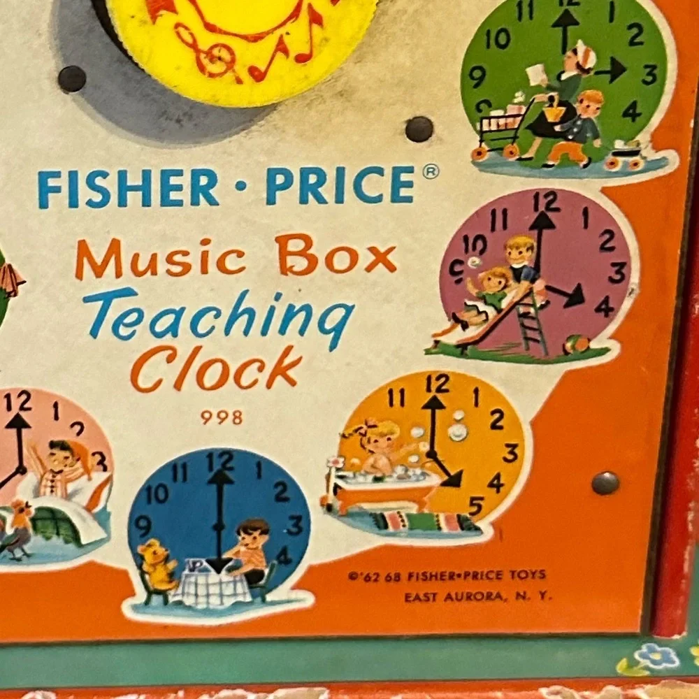 Vintage 1960s Fisher-Price Children’s Toy Red Yellow Music Box Teaching Clock